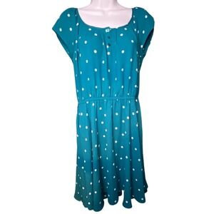 LC Lauren Conrad Teal Green Polka Dot Henley Cap Sleeve Fit & Flare Dress Medium
